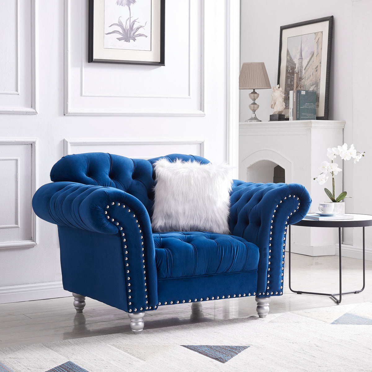 3 Piece Living Room Sofa Set, including 3-Seater Sofa, Loveseat and Sofa Chair, with Button and Copper Nail on Arms and Back, Five White Villose Pillow, Blue. W487S00051-djyc