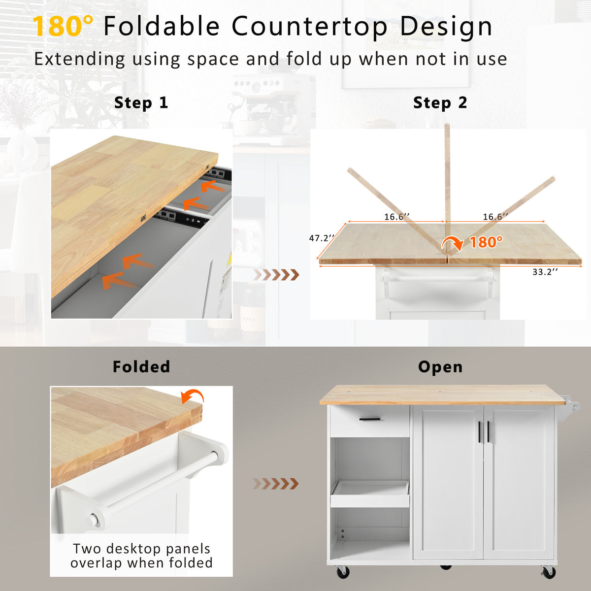 K&K Kitchen Island with Foldable Counter Top, Kitchen Storage Cart with Slide-Out Shelf, Towel Rack and Drawer, Rolling Kitchen Cart on Wheels, for Kitchen, Living Room, Dining Room, White N707P173036W-djyc