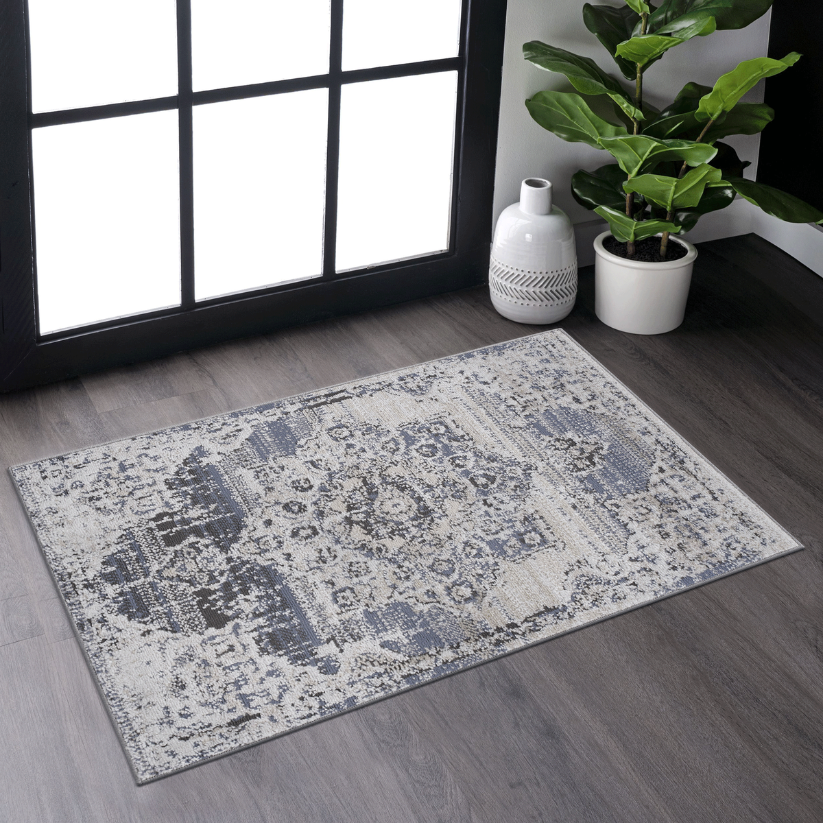 PAYAS Collection 2X3 Cream / Blue / Medallion Doormat Rug-B189P183569