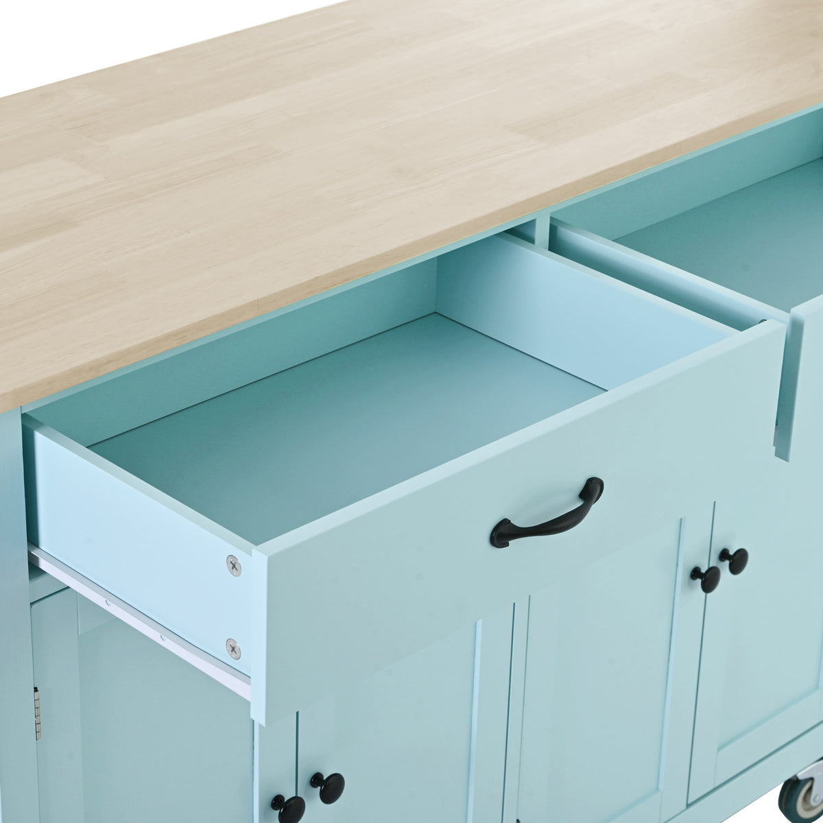 Kitchen Island Cart with 4 Door Cabinet and Two Drawers and 2 Locking Wheels - Solid Wood Top, Adjustable Shelves, Spice & Towel Rack(Mint Green) WF286911AAN-djyc