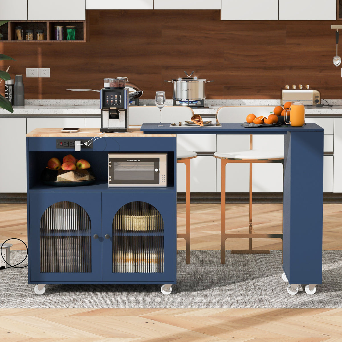 K&K Rolling Kitchen Island With Extended Table, Kitchen Island on Wheels with LED Lights,Power Outlets and 2 Fluted Glass Doors, Kitchen Island with a Storage Compartment and Side 3 Open Shelves, Navy WF316018AAN-djyc