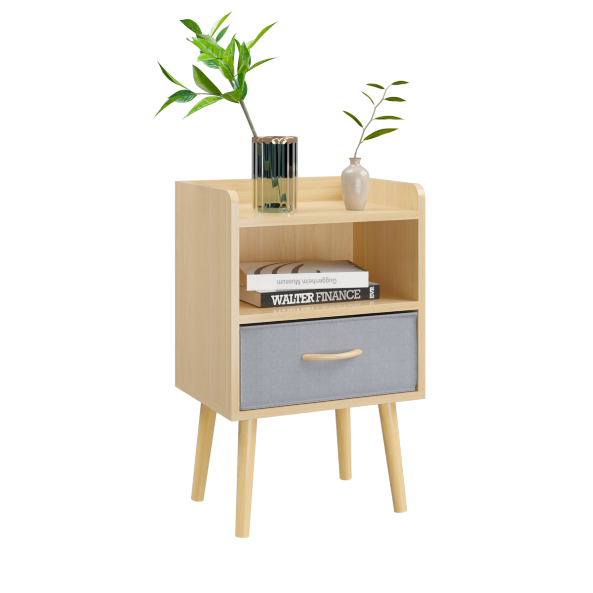 Nightstand With Collapsible Fabric Drawer, 2-Tier Storage End Table, Wood Side Table with Storage Cabinet or Kids, Adults - Oak W808P147110-djyc