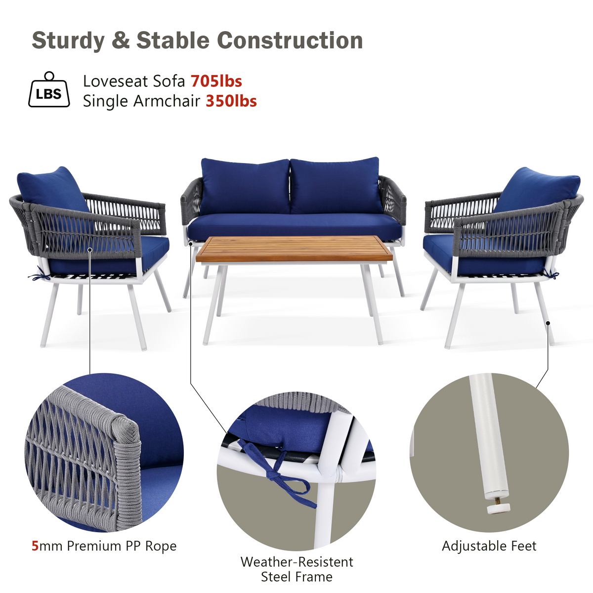 K&K 4-Piece Boho Rope Patio Furniture Set, Outdoor Furniture with Acacia Wood Table, Patio Conversation Set with Deep Seating & Thick Cushion for Backyard Porch Balcony, Navy Blue SK000004AAE-djyc