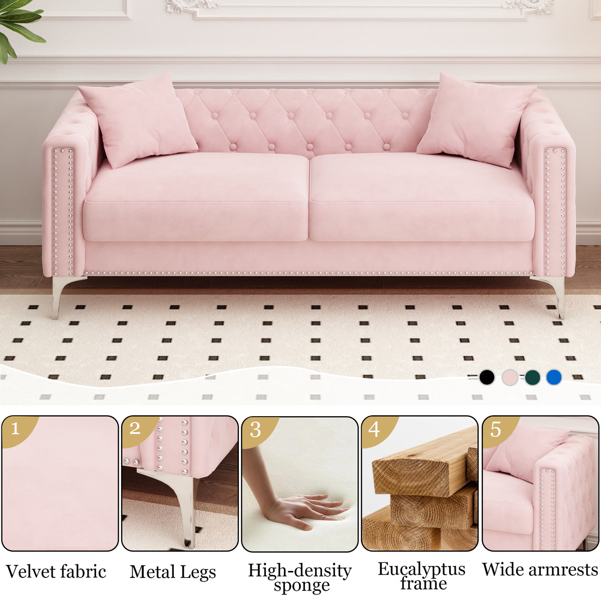 Charming Addition: 83" Pink Velvet Triple Sofa Set with 2 Complimentary Pillows – Ideal for Any Space, Big or Small W1278131612-djyc