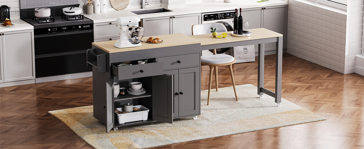 K&K 74.5 inch Kitchen Island with Extendable Dining Table , Rolling Kitchen Island on Wheels with Spice Rack and 2 Drawers,Kitchen Storage Cart with 4 Door Cabinet, for Kitchen, Dining Room, Grey N707S000009G-djyc