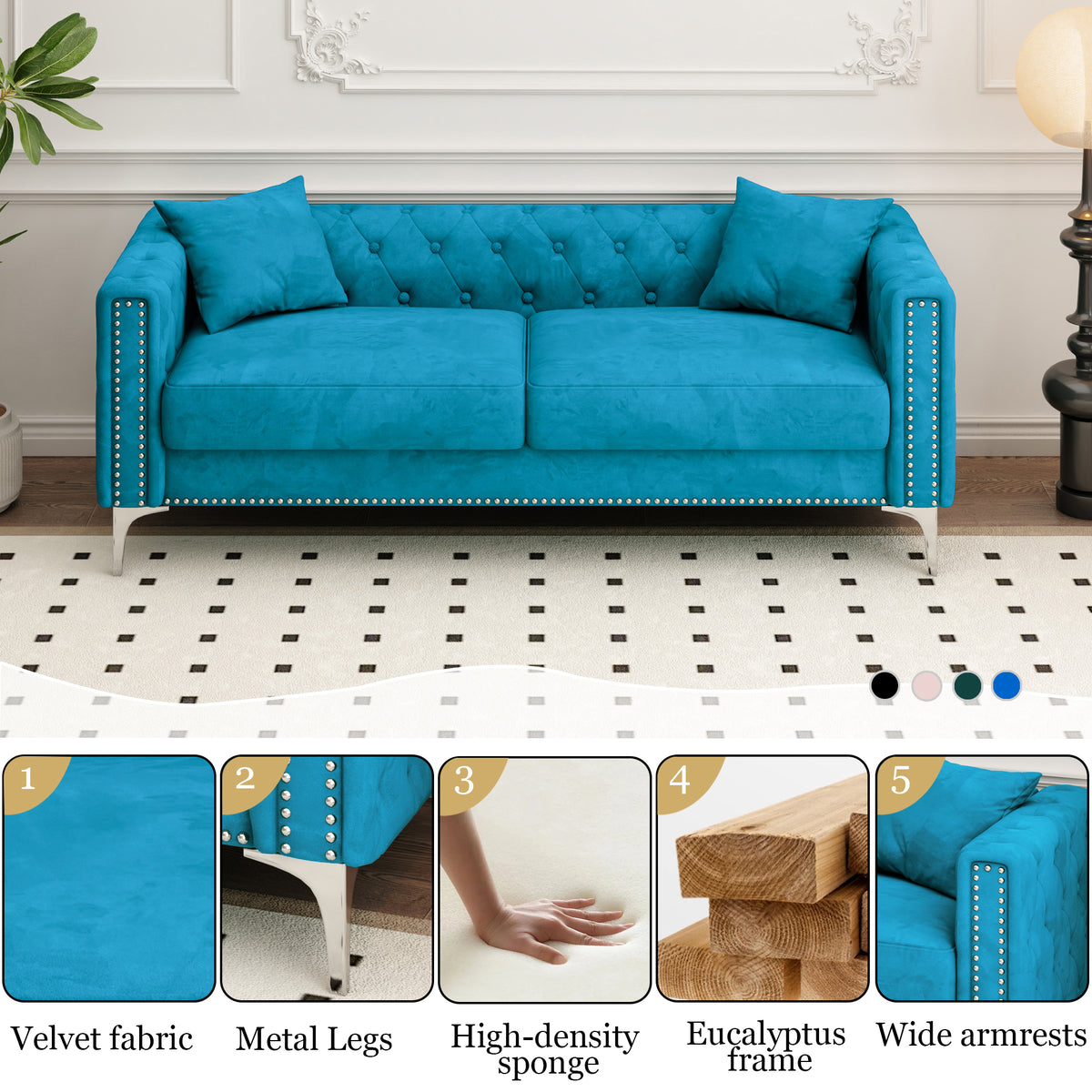 Sophisticated Sofa Set: 83" Blue Velvet Triple Sofa with 2 Complimentary Pillows – Perfect for Both Large & Small Spaces W1278131610-djyc