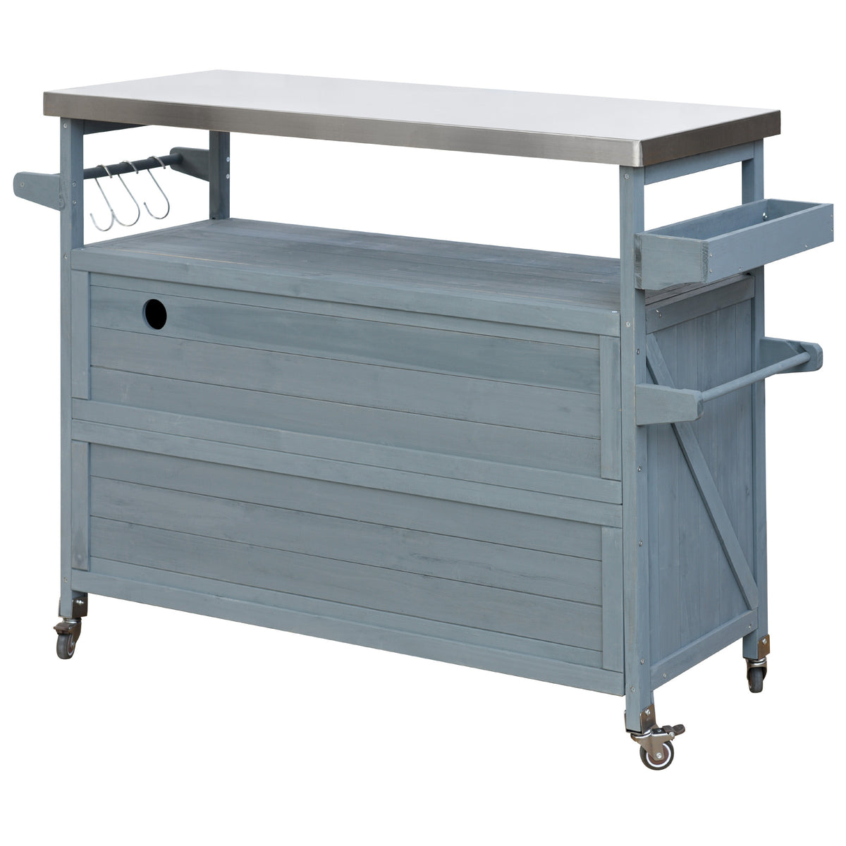 K&K Outdoor Kitchen Island, Rolling Bar Cart & Storage Cabinet, Farmhouse Solid Wood Outdoor Grill Table with Stainless Steel Top, Spice Rack , Towel Rack for Kitchen & BBQ , Grey Blue WF532198AAG-djyc