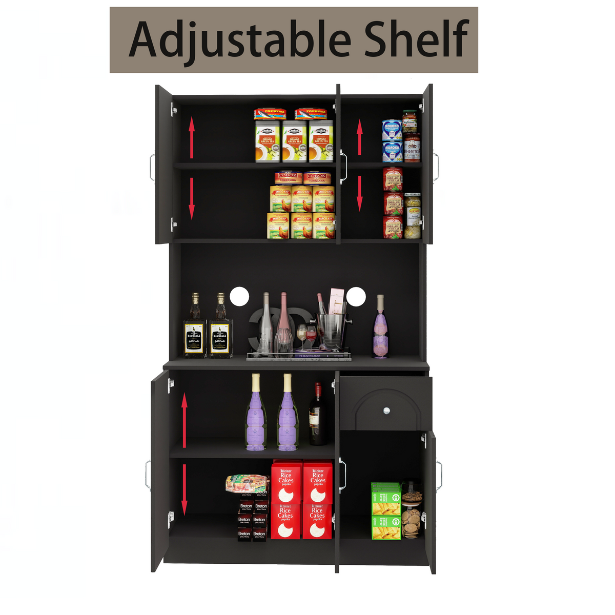 71" Kitchen Pantry Storage Cabinet with Microwave Oven Countertop, Freestanding Hutch Cabinet with Adjustable Shelves, 6 Doors and 1 Drawer-Black W282P170918-djyc