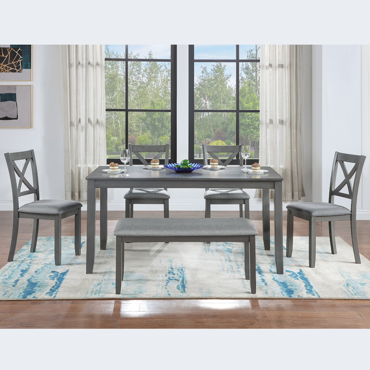 6 Piece Kitchen Dining Set, Rectangular Wooden Dining Table with 4 Upholstered Chairs and a Bench, Dining Table Set for 6 People, Living Room, Home Bar and Kitchen, Gray W1998S00004-djyc