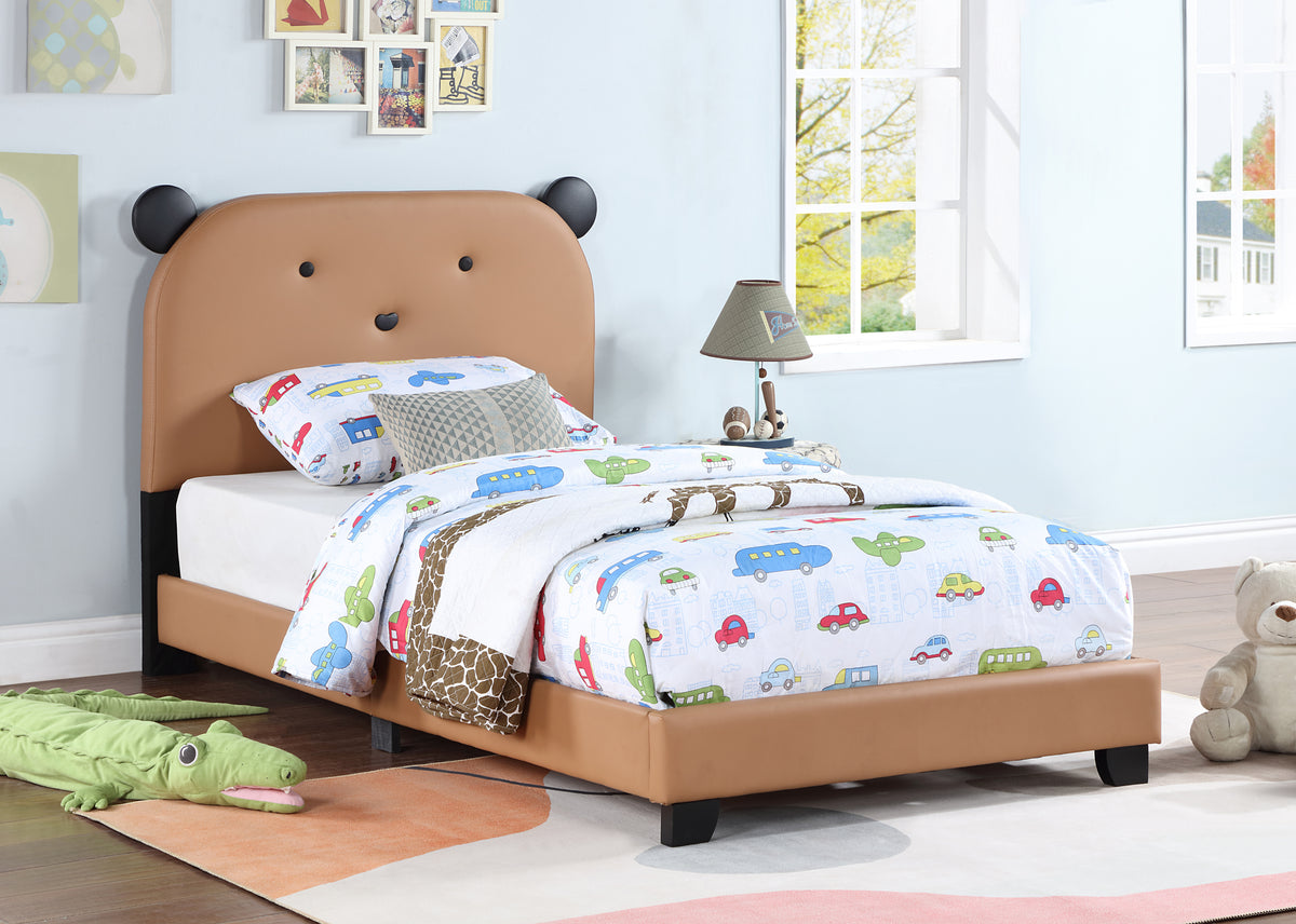 Upholstered Twin Size Platform Bed for Kids, Wooden Bed Frame with Slatted Bed Base, No Box Spring Needed, Cute Bed Frame with Bear Design Headboard for Girls Boys Teens, Brown W1998124482-djyc