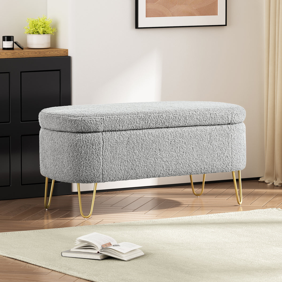 Oval Storage Bench for Living Room Bedroom End of Bed, Upholstered Storage Ottoman Entryway Bench With Metal Legs,Grey N769P195486G-djyc