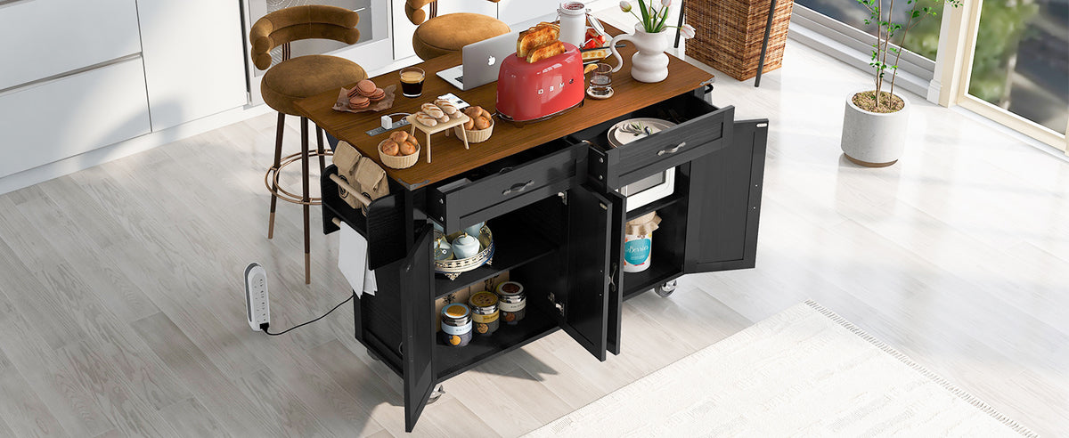 K&K 53.5''Farmhouse Kitchen Island with Power Outlet, Kitchen Storage Island with Drop Leaf, Spice Rack and Drawer, Rolling Kitchen Cart on Wheels, for Home, Kitchen and Dining Room, Black N707P170348B-djyc