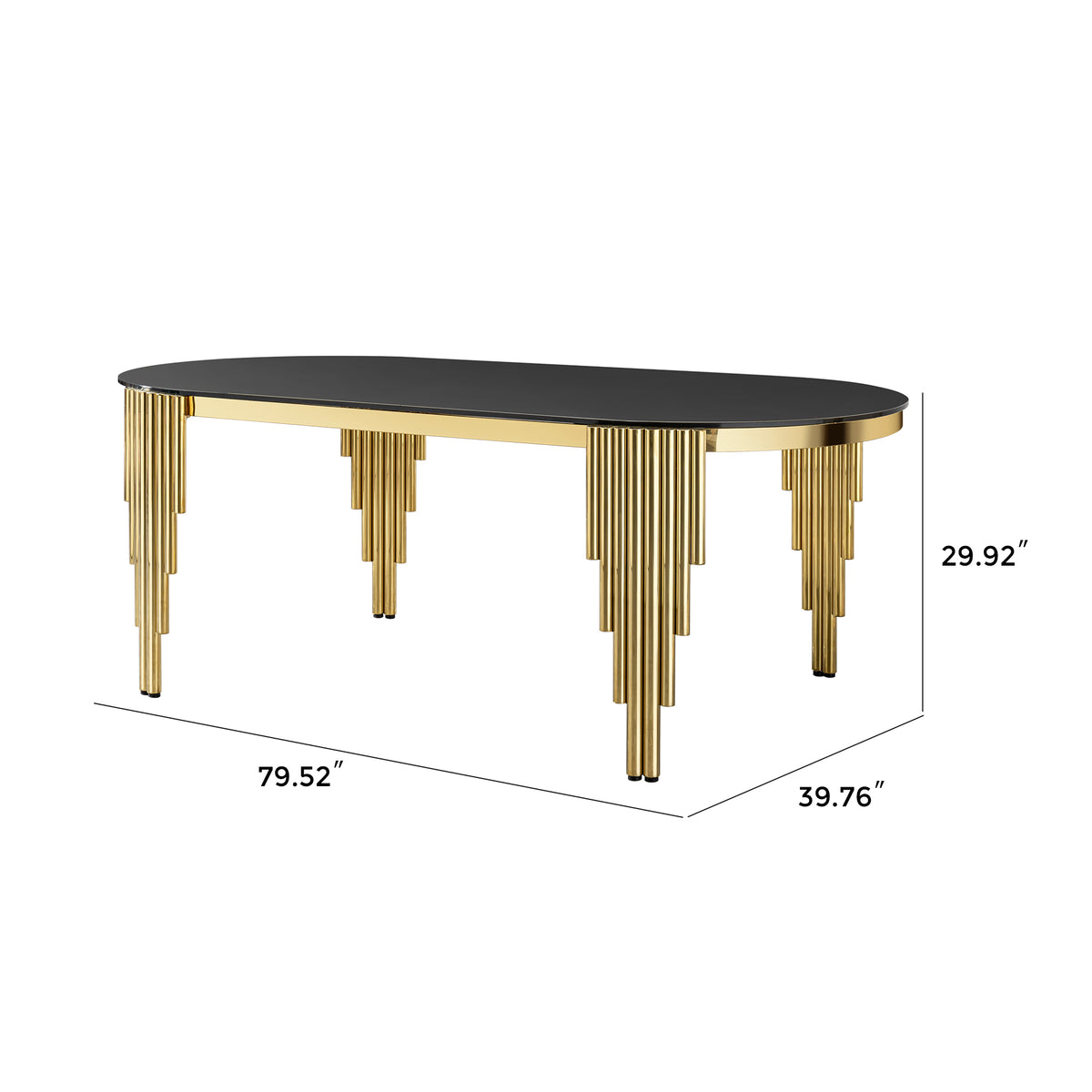 79.53" Black Glass Top oval Dining Table with gold stainless Steel Base for 8 seats W2723S00002-djyc