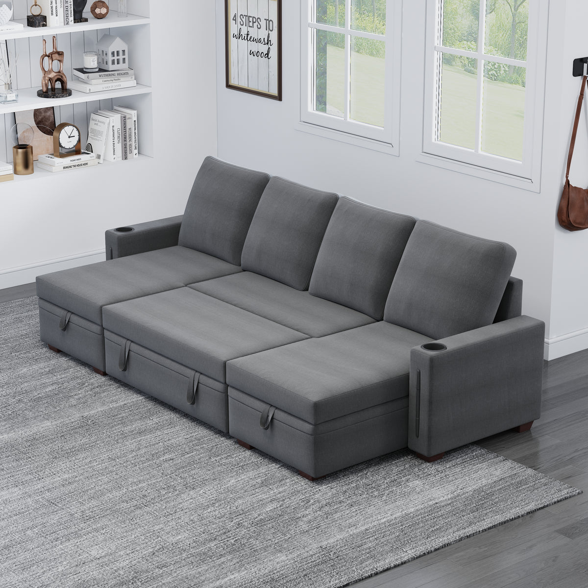 Sectional Sofa with Storage, 96" U Shaped Sectional Couches for Living Room, Comfy Convertible Sectional Sofa- Dark Grey W1669S00008-djyc