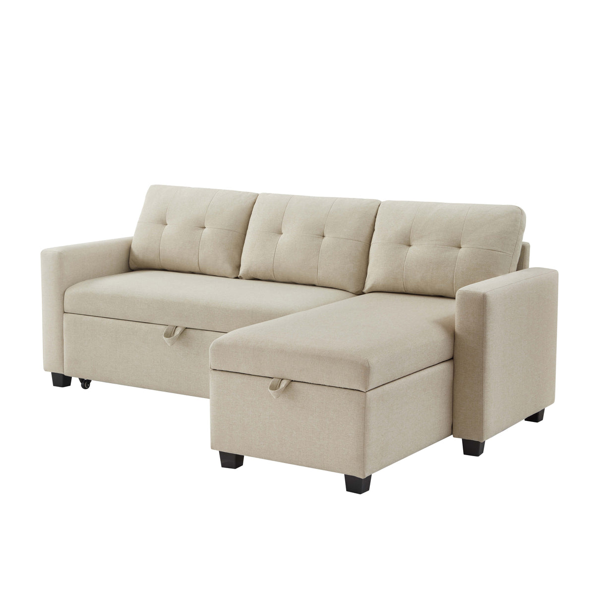 Upholstered Pull Out Sectional Sofa with Storage Chaise, Convertible Corner Couch, Beige W2336S00014-djyc