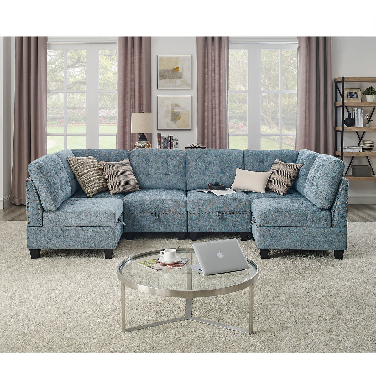 U shape Modular Sectional Sofa,DIY Combination,includes Four Single Chair and Two Corner,Navy Chenille W487S00189-djyc