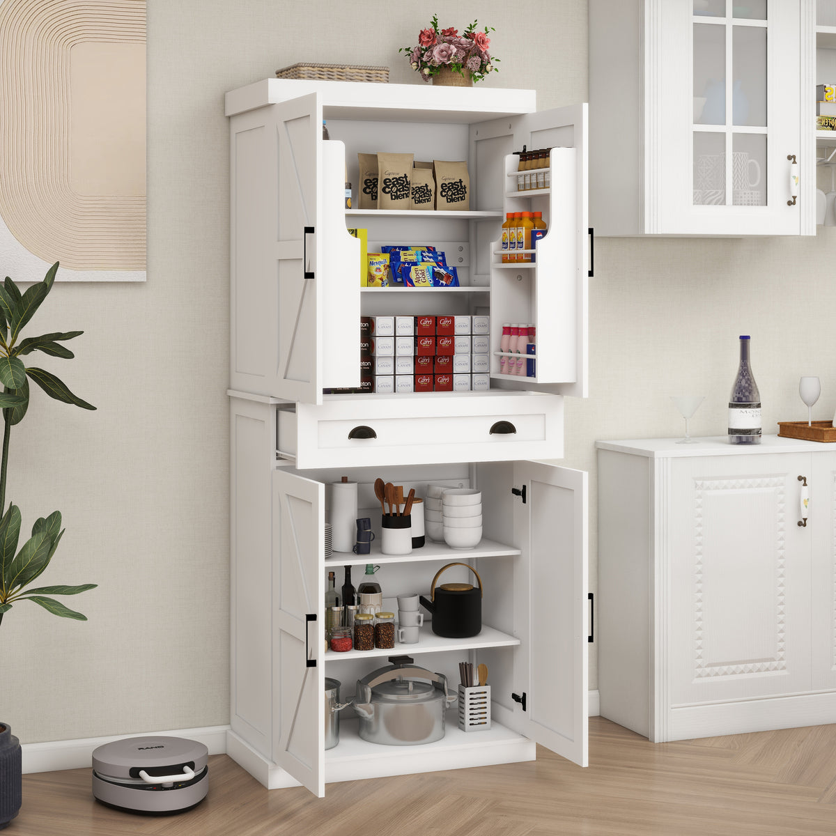 71" Kitchen Pantry Storage Cabinetwith 4 Doors(2Doors with Racks),1 Drawer, 2 Adjustable Shelves, Freestanding Cupboard for Kitchen, Dining Room and Living Room-White W282108550-djyc