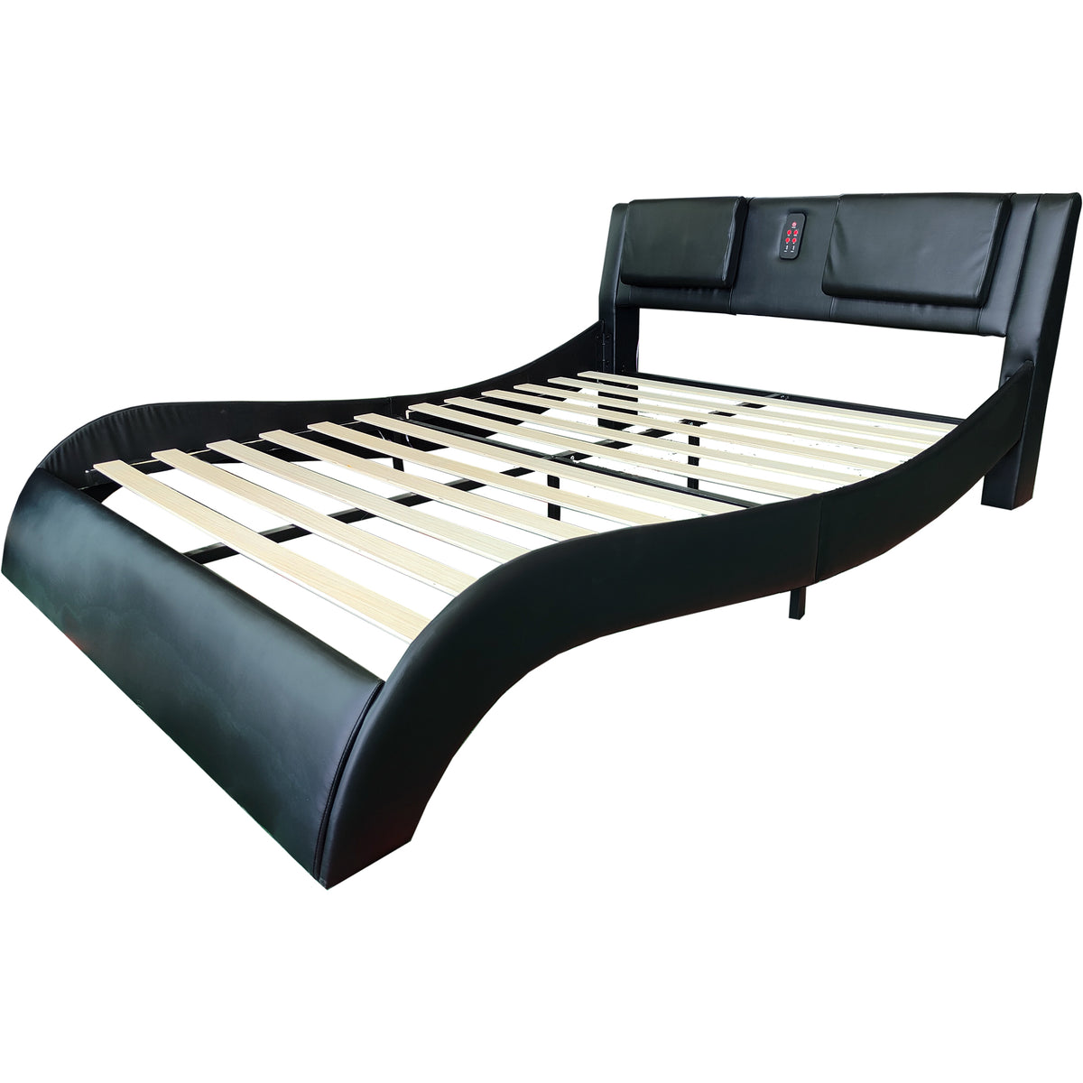 Faux Leather Upholstered Platform Bed Frame with led lighting, Bluetooth connection to play music control, Backrest vibration massage, Curve Design, Wood Slat Support, One-Carton Package, Queen W1360119727-djyc