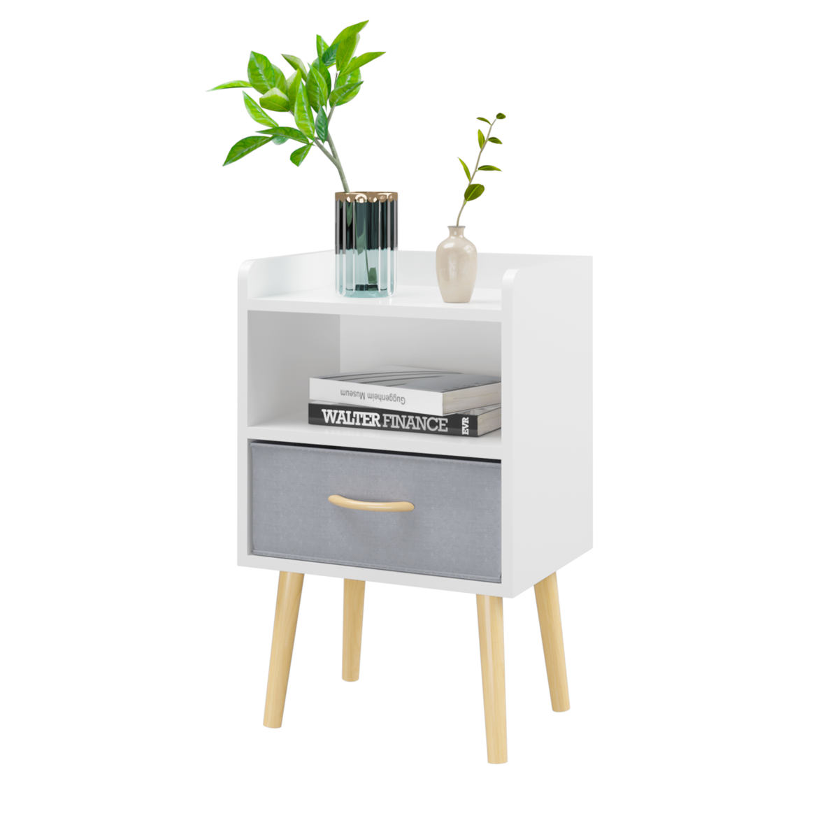 Nightstand With Collapsible Fabric Drawer, 2-Tier Storage End Table, Wood Side Table with Storage Cabinet for Kids, Adults - White W808P147114-djyc