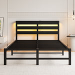 Full Size Metal Bed Frame with Wooden Headboard, RGB Lights, Outlets & Charger, Storage Shelf, Noise-Free, No Box Spring Needed W840P209906-djyc
