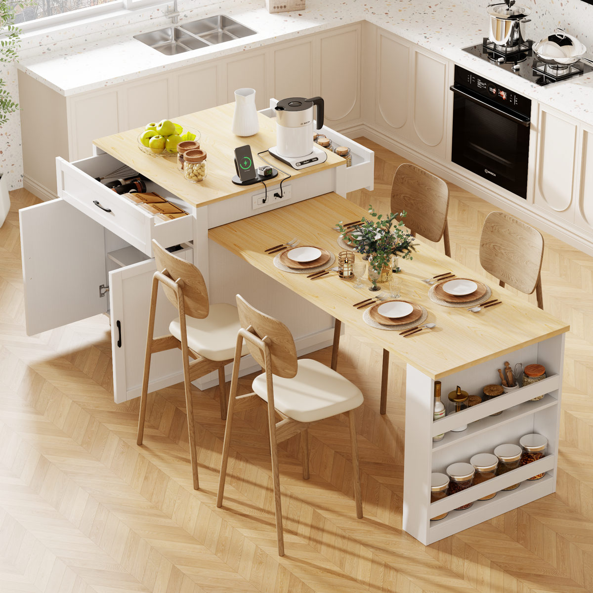 K&K 82.7 inch Kitchen Island with Extendable Dining Table for 4-6 Person,Two-tone Kitchen Table with Double-sized Storage, Power Outlet, Kitchen island with Storage 2 Drawers 2 Side Open Shelves,White N707S000010W-djyc