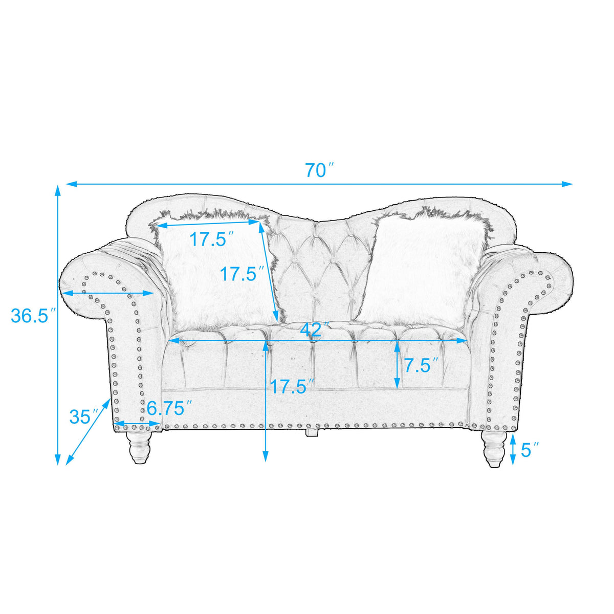 3 Piece Living Room Sofa Set, including 3-Seater Sofa, Loveseat and Sofa Chair, with Button and Copper Nail on Arms and Back, Five White Villose Pillow, Blue. W487S00051-djyc