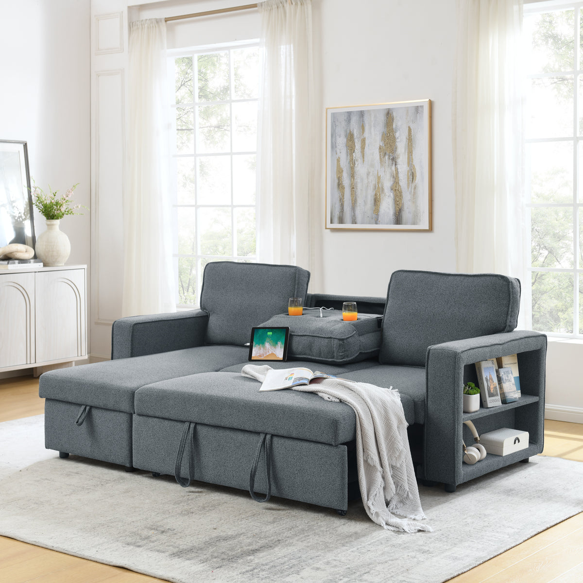 Linen Upholstered Sleeper Sectional Sofa, Shaped Modular Convertible Sofa with Storage Chaise,There are two cup holders in the middle and USB multi-interface function,Pull Out Sleep Couch Bed ,Grey W487S00245-djyc