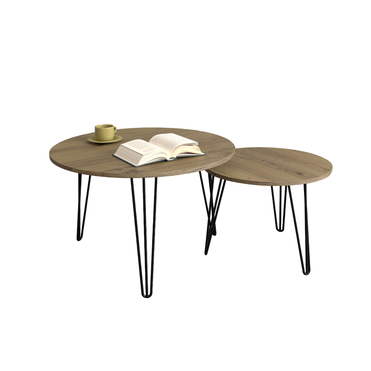 27.56'' Round Nesting Coffee Table Set of 2, Circular Nesting End Table Set, Round Wooden Tabletop, and Sturdy Metal Base for Living Room, bedroom, Brown W808P176732-djyc