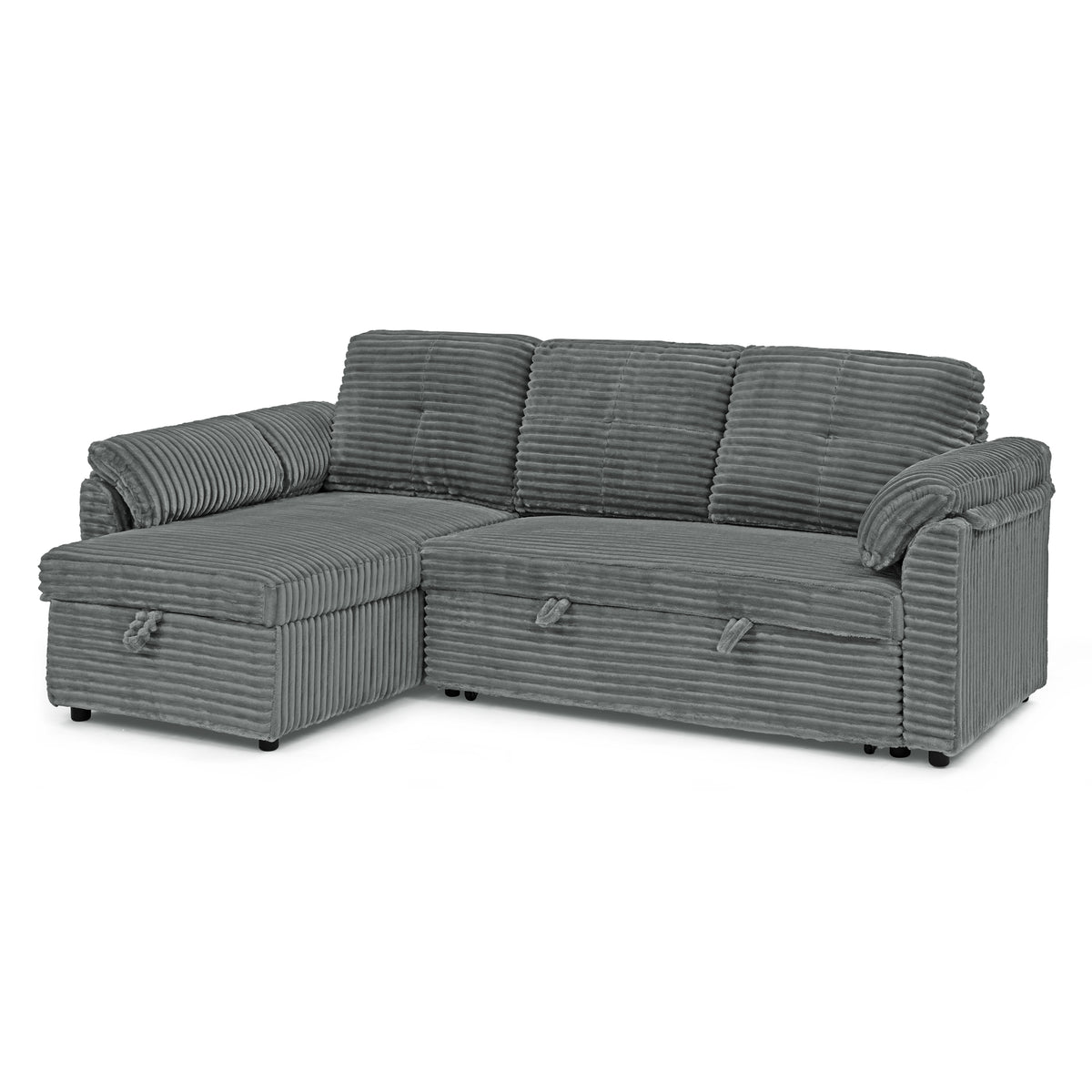 Corduroy Tufted Upholstered Sleeper Sectional Sofa, L-Shaped Modular Convertible Sofa with Storage Chaise, Pull Out Sleep Couch Bed and Reclining Backrest Perfect for Living Space,Grey W487S00225-djyc