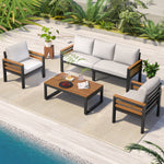 4-Piece Outdoor Furniture Sofa Set for 5 People with Acacia Wood Armrests, Patio Conversation Set with Removable Cushion and Solid Wood Coffee Table for Garden and Backyard,Beige N704G201246A-djyc