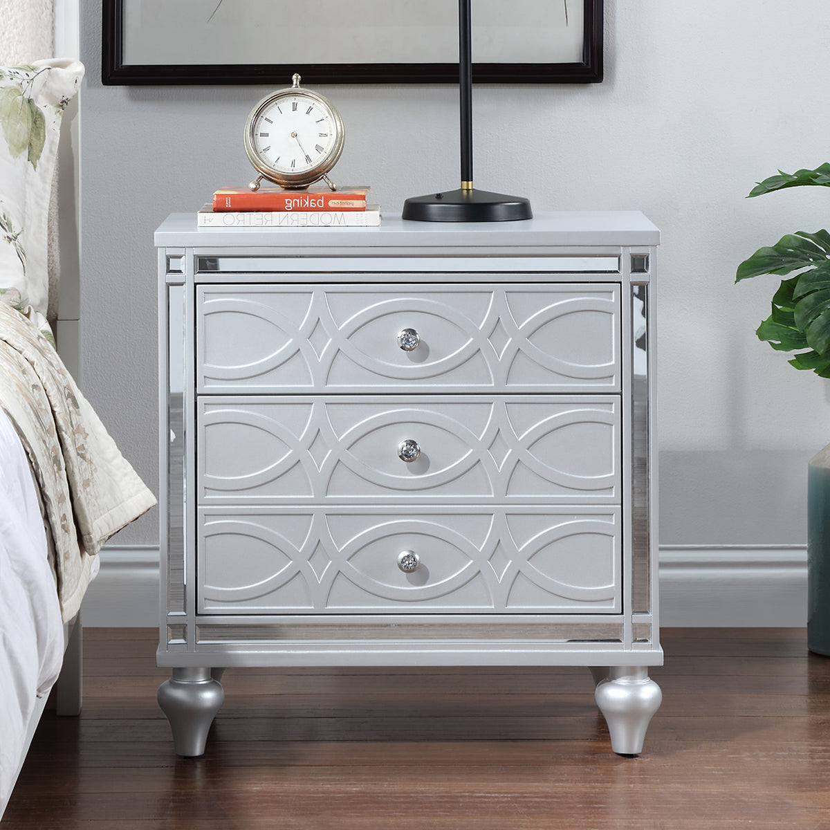 Contemporary Nightstands with mirror frame accents, Bedside Table with two drawers and one hidden drawer, End Table with Crystal Pull for Living Room,Bedroom, Silver W1998131734-djyc