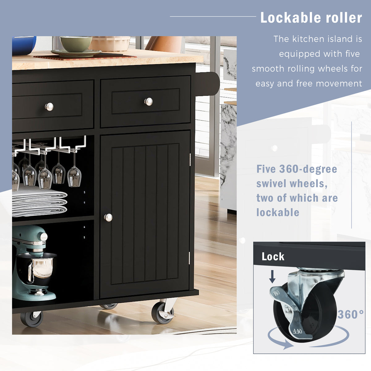 Kitchen Island with Power Outlet,Kitchen Storage Island with Drop Leaf and Rubber Wood,Open Storage and Wine Rack,5 Wheels,with Adjustable Storage for Home, Kitchen, and Dining Room, Black WF305556AAB-djyc