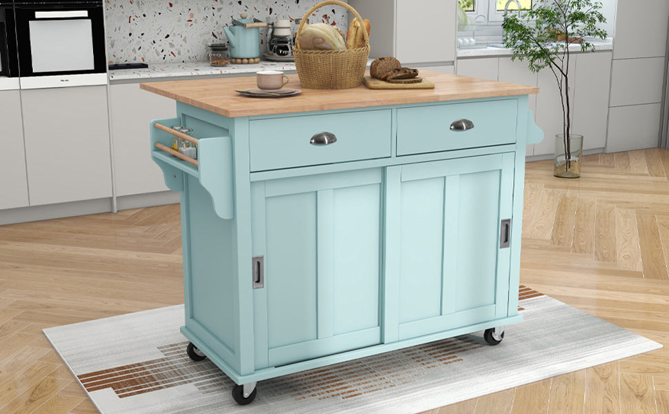 Kitchen Cart with Rubber wood Drop-Leaf Countertop, Concealed sliding barn door adjustable height,Kitchen Island on 4 Wheels with Storage Cabinet and 2 Drawers,L52.2xW30.5xH36.6 inch, Mint Green SK000001AAE-djyc