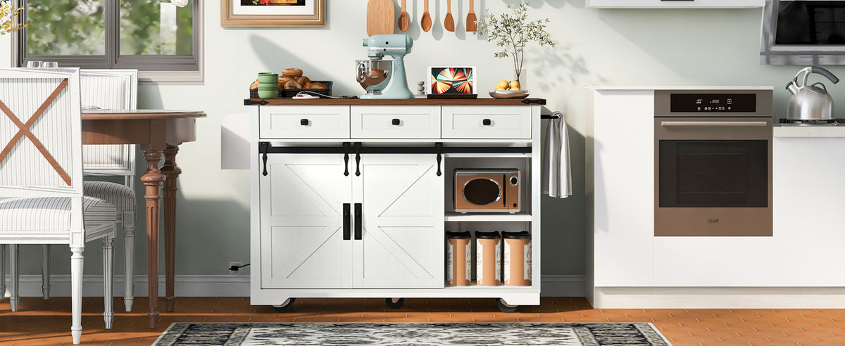 K&K 53.7" Farmhouse Kitchen Island with Power Outlet, 2 Sliding Barn Door Kitchen Storage Island with Drop Leaf, Spice Rack Rolling Kitchen Cart on Wheels, for Home, Kitchen and Dining Room, White N707P170347W-djyc