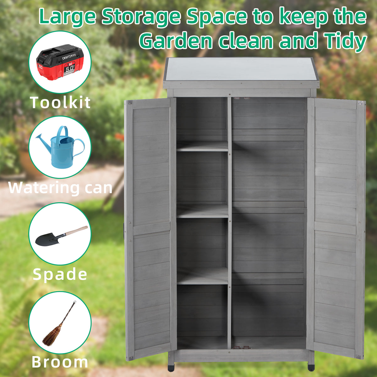 Outdoor Storage Cabinet and Metal Top,Garden Storage Shed,Outdoor 68 Inches Wood Tall Shed for Yard and Patio W1390121823-djyc