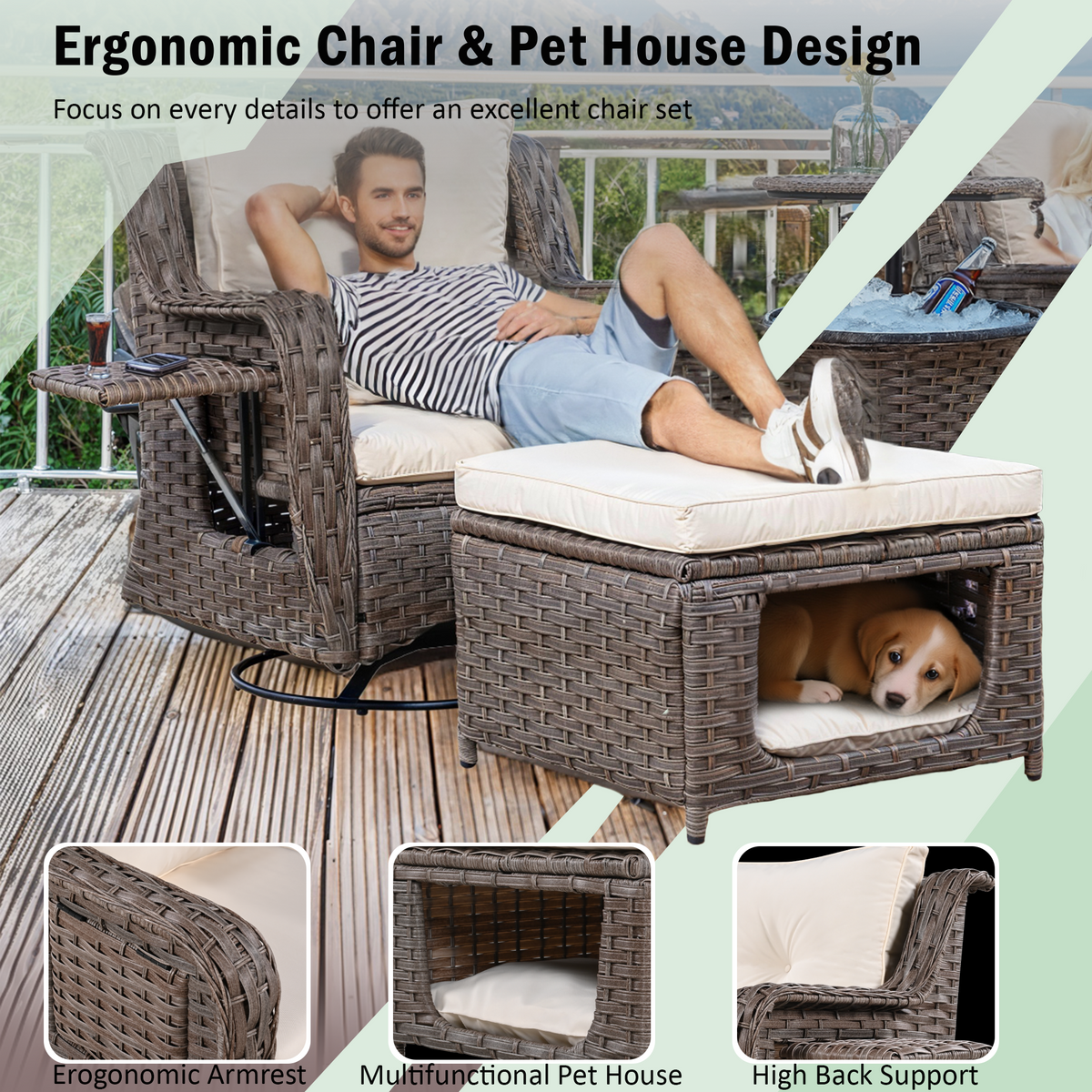 K&K 5 Pieces Outdoor Patio Furniture Set with Pet House Cool Bar and Retractable Side Tray, Rattan Wicker Patio Swivel Rocking Chairs Set of 2 with Ottomans for Backyard, Porch, Balcony, Beige SK000006AAA-djyc