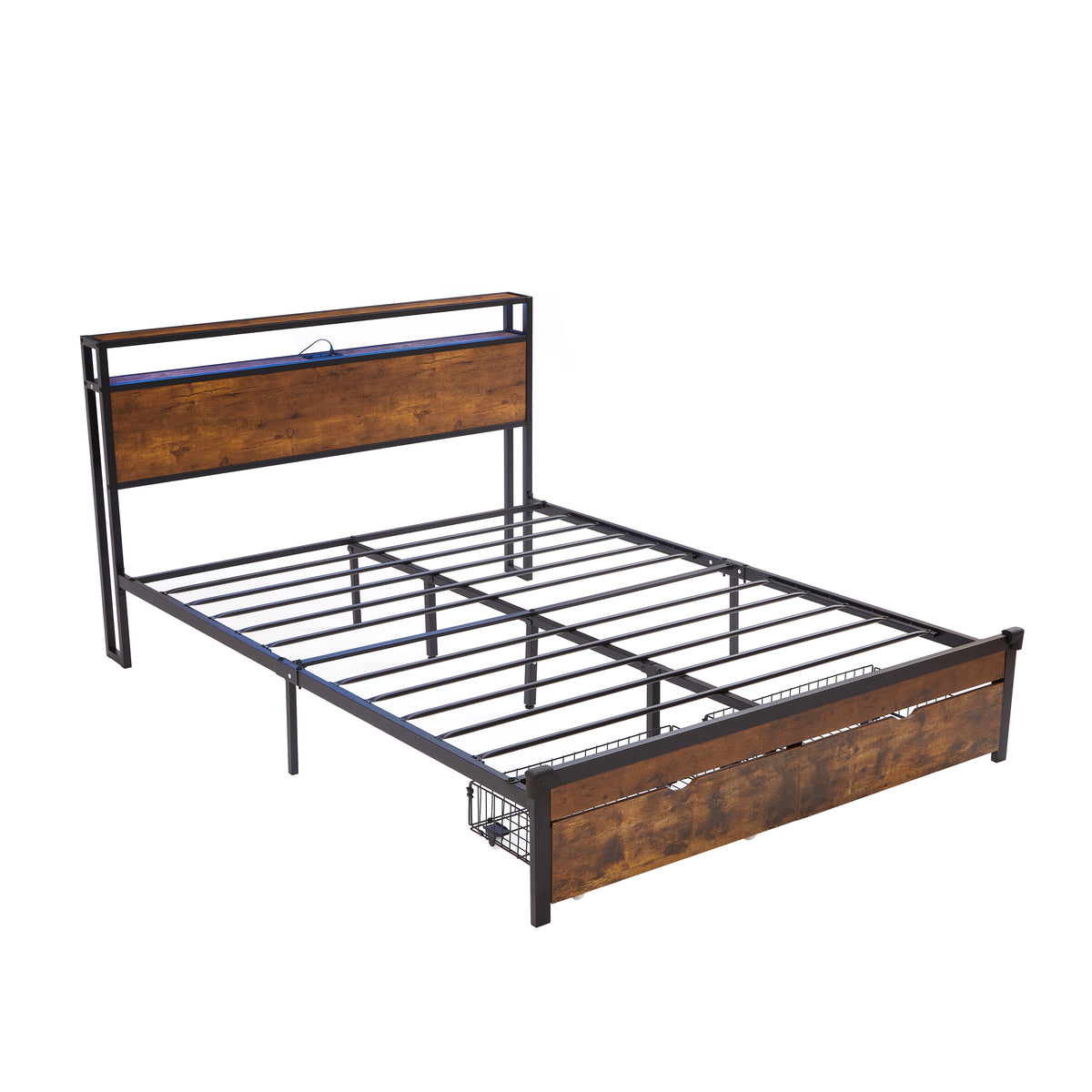 King Size Metal Platform Bed Frame with Wooden Headboard and Footboard with USB,Charging Station,2 Drawers,LED Lights, No Box Spring Needed, Easy Assemble W311S00044-djyc