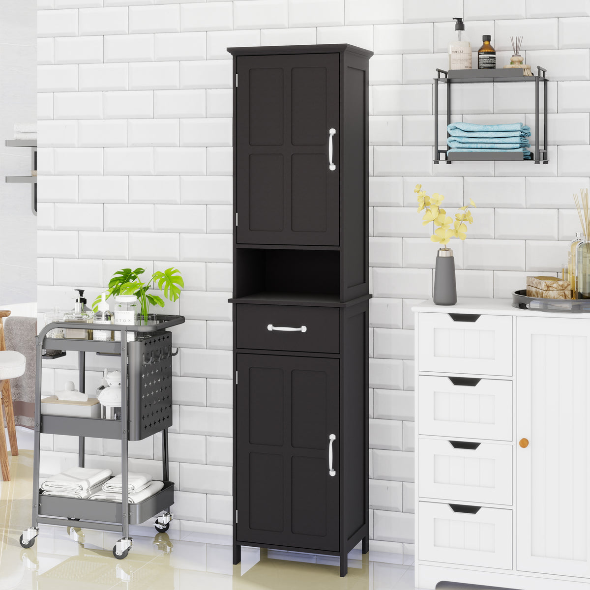 Double Door Narrow Height Slim Floor Standing Cabinet with 2 Adjustable Shelves-Black W282P171953-djyc