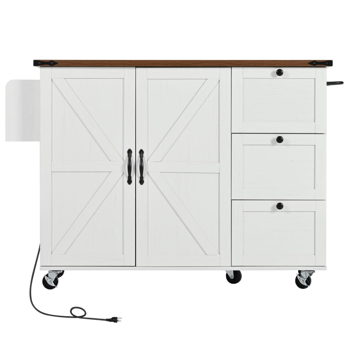 K&K 54.5" Farmhouse Kitchen Island with Power Outlet, Kitchen Storage Islandwith Internal Storage Rack, Drop Leaf, Spice Rack, Rolling Kitchen Cart on Wheels, for Home, Kitchen and Dining Room,White N707P170349W-djyc