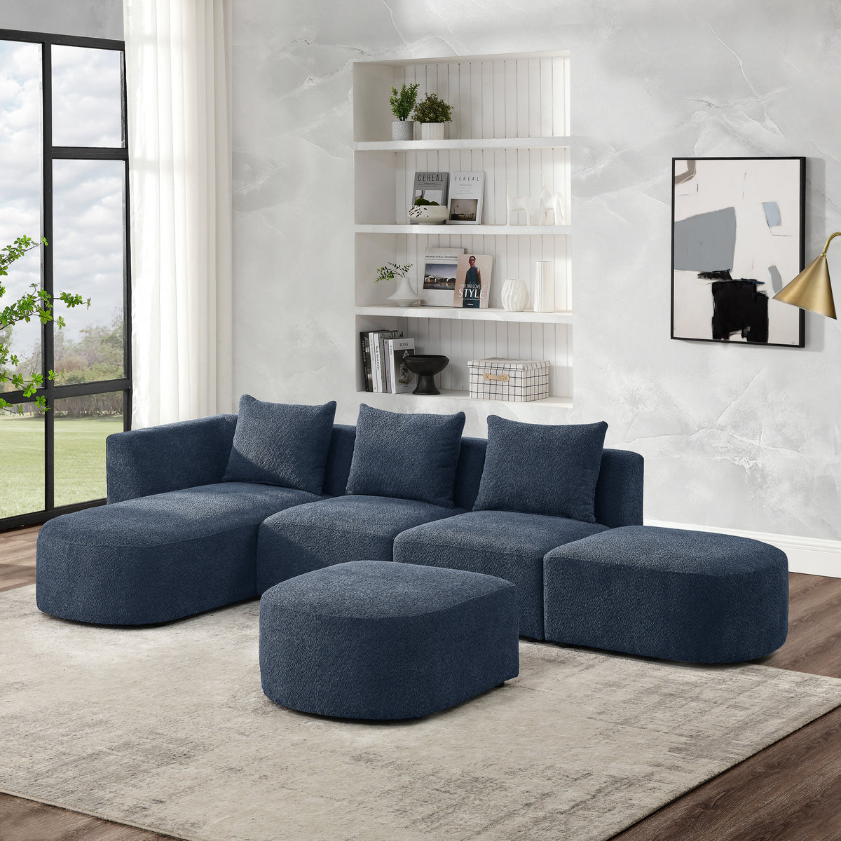 L Shape Sectional Sofa including Two Single Seats, Left Side Chaise and Two Ottomans, Modular Sofa, DIY Combination, Loop Yarn Fabric, Navy W487S00160-djyc