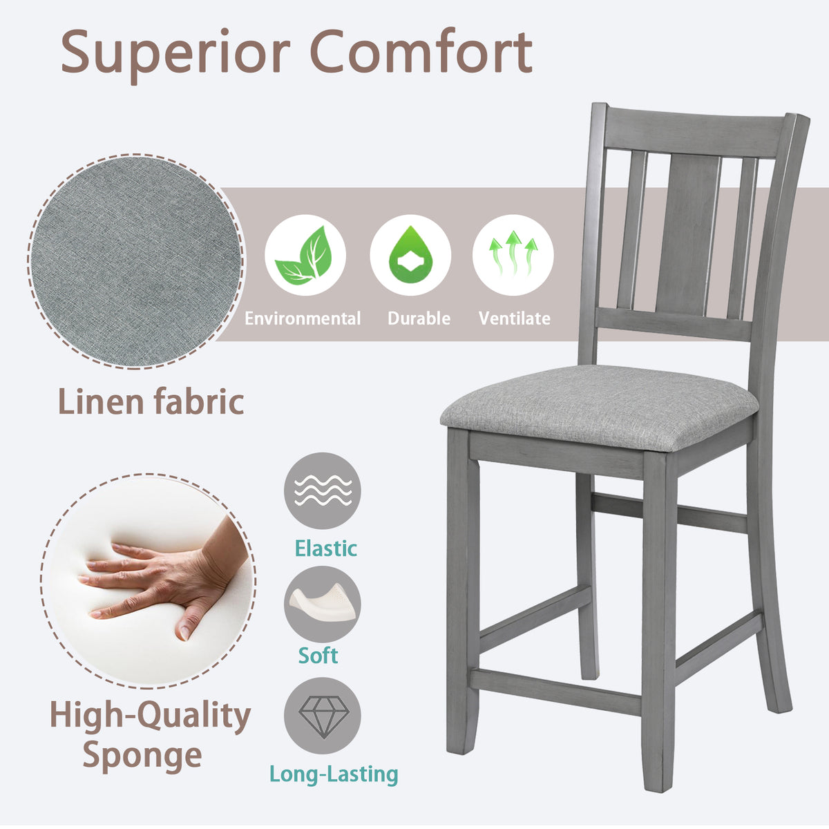 Dining Room Furniture Counter Height Chairs Set of 4, Kitchen Chair with Padded Seat , Upholstered Side Chair for Dining Room, Living Room, Gray W1998126393-djyc