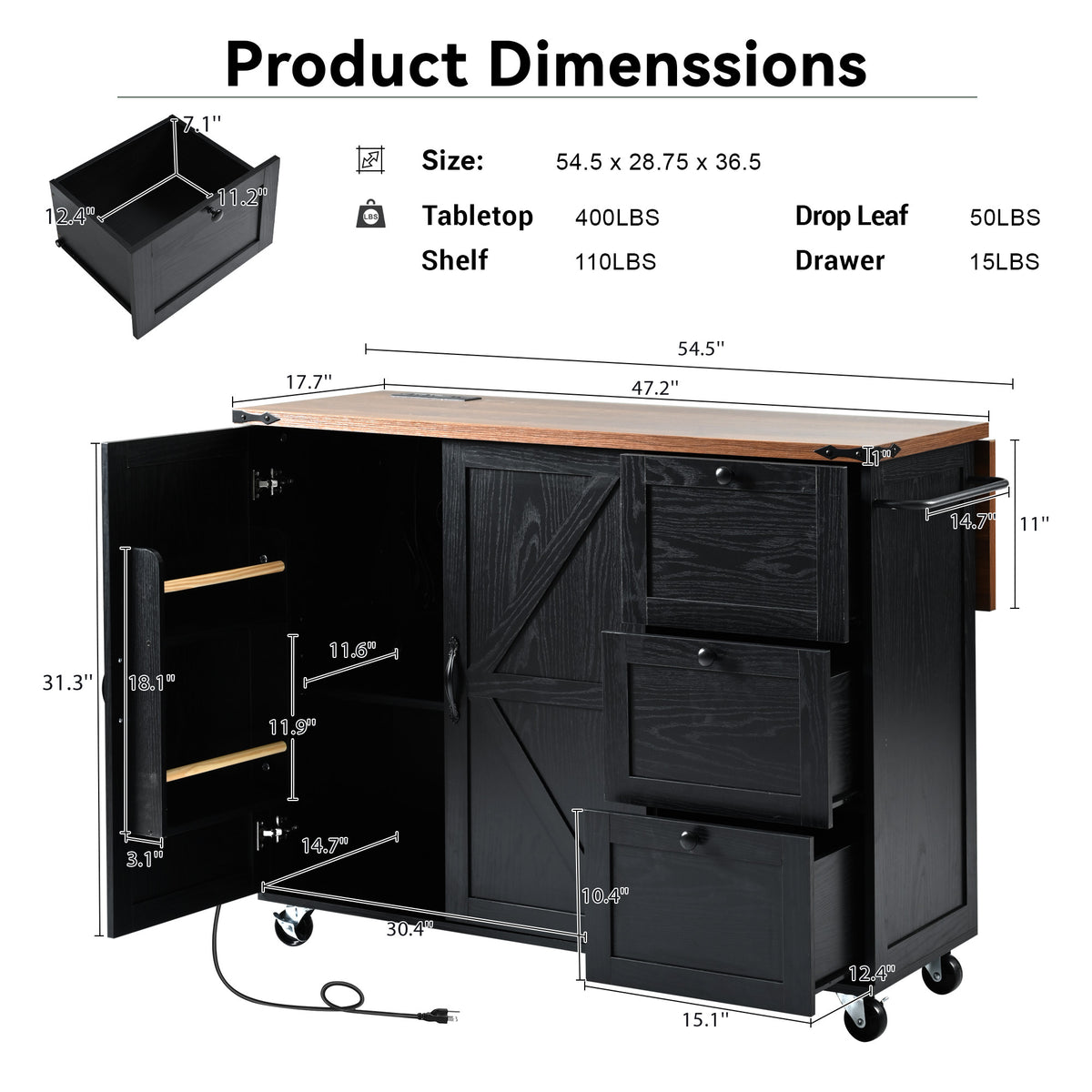 K&K 54.5" Farmhouse Kitchen Island with Power Outlet, Kitchen Storage Islandwith Internal Storage Rack, Drop Leaf, Spice Rack, Rolling Kitchen Cart on Wheels, for Home, Kitchen and Dining Room,Black N707P170349B-djyc