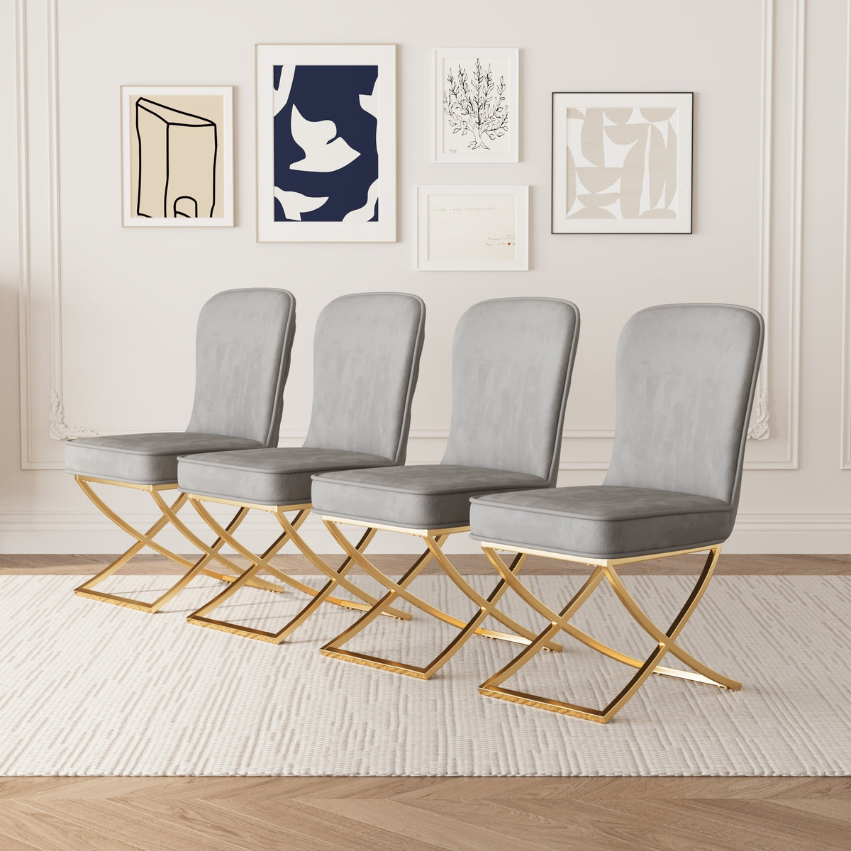 Dining Chair Set of 4, grey velvet Backrest and golden Metal legs.For Modern Kitchen Dining Room Chair for Kitchen Living Modern decorative Leisure chairs Office chairs W1727S00008-djyc