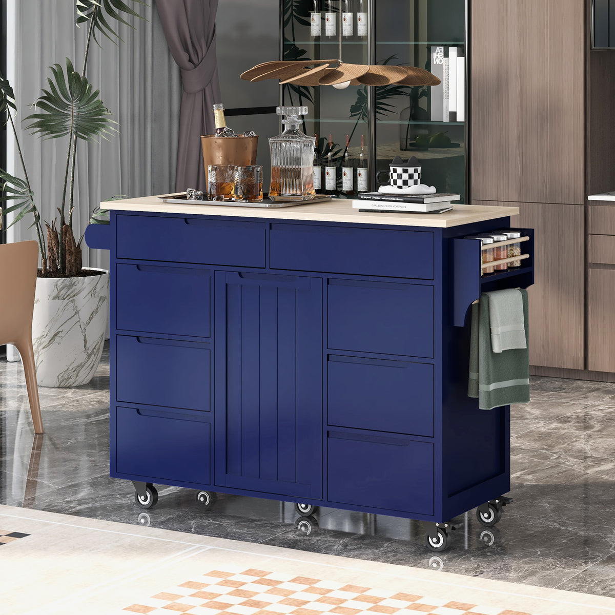 K&K Store Kitchen Cart with Rubber Wood Countertop , Kitchen Island has 8 Handle-Free Drawers Including a Flatware Organizer and 5 Wheels for Kitchen Dinning Room, Dark Blue SK000002AAG-djyc