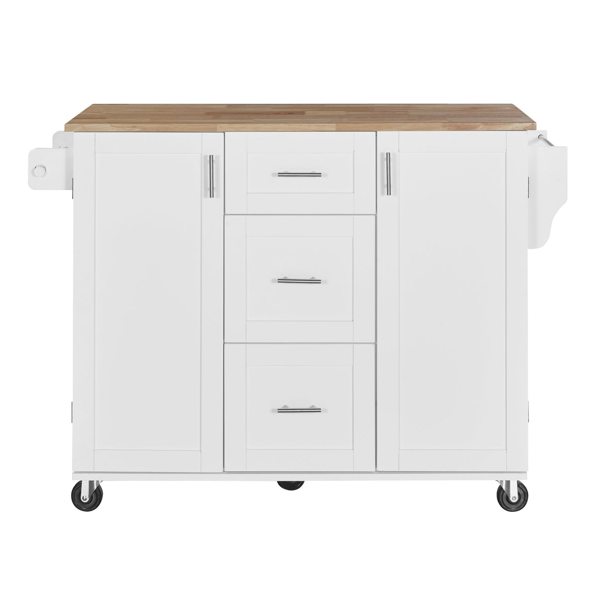 K&K Rolling Kitchen Island with Storage, Kitchen Cart with Rubber Wood Top, 3 Drawer, 2 Slide-Out Shelf and Internal Storage Rack, Kitchen Island on Wheels with Spice Rack & Tower Rack, White WF316599AAW-djyc