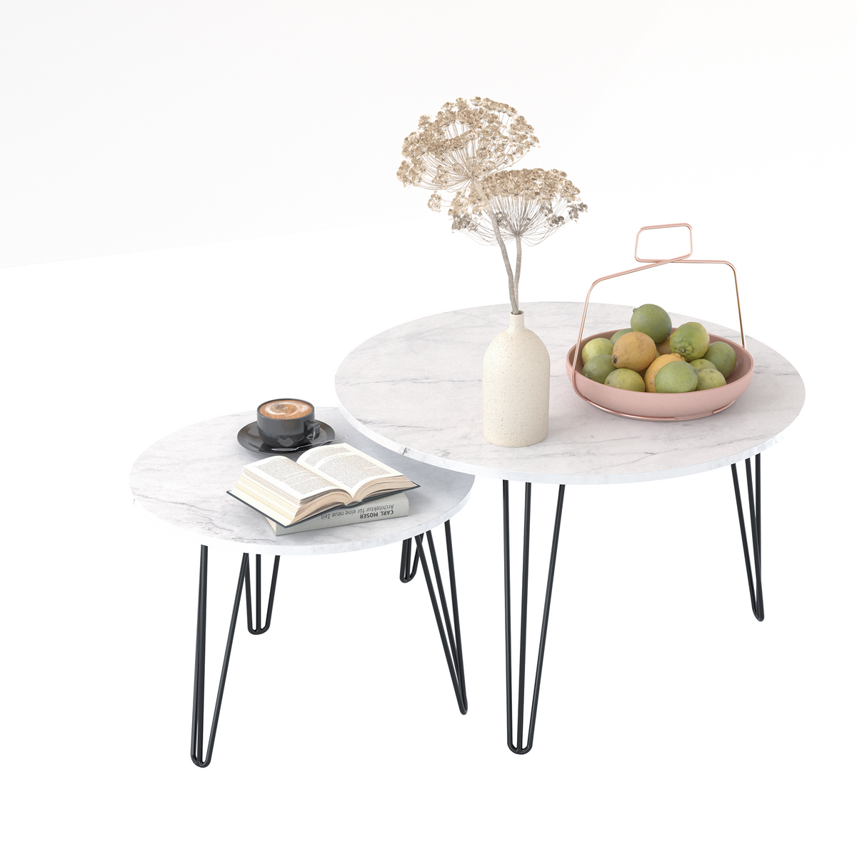 27.56'' Round Nesting Coffee Table Set of 2,Circular Nesting End Table Set, Round Marble Tabletop, and Sturdy Metal Base for Living Room, bedroom, White W808P176737-djyc