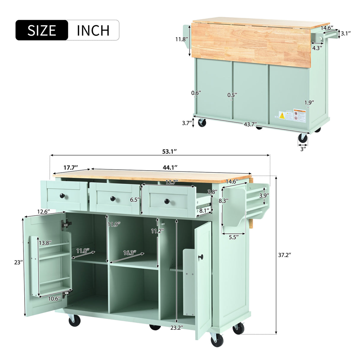 Kitchen Cart with Rubber wood Drop-Leaf Countertop ,Cabinet door internal storage racks,Kitchen Island on 5 Wheels with Storage Cabinet and 3 Drawers for Dinning Room, Mint Green WF298028AAE-djyc