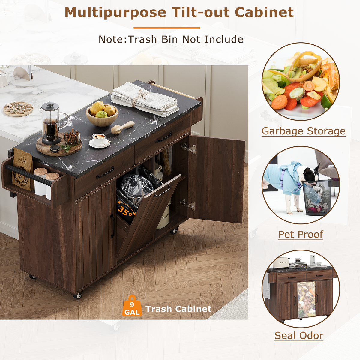 K&K Kitchen Island with Trash Can Storage Cabinet, Kitchen Cart with Drop Leaf, Spice Rack, Towel Rack and Drawer, Rolling Kitchen Island on Wheels with Adjustable Shelf, Walnut Brown WF326381AAZ-djyc