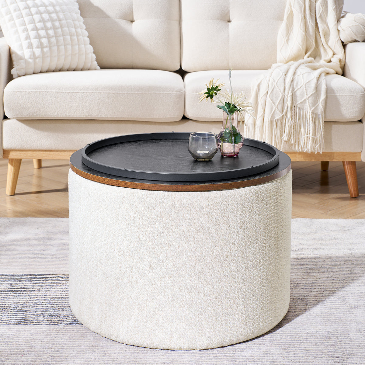 2-Piece Set Round Chenille Storage Ottoman, Equipped with a Drum Shaped Small Stool, Storage Space, and MDF Made Desktop Panel (Beige 23.62"x23.62"x16.53") W487P179601-djyc