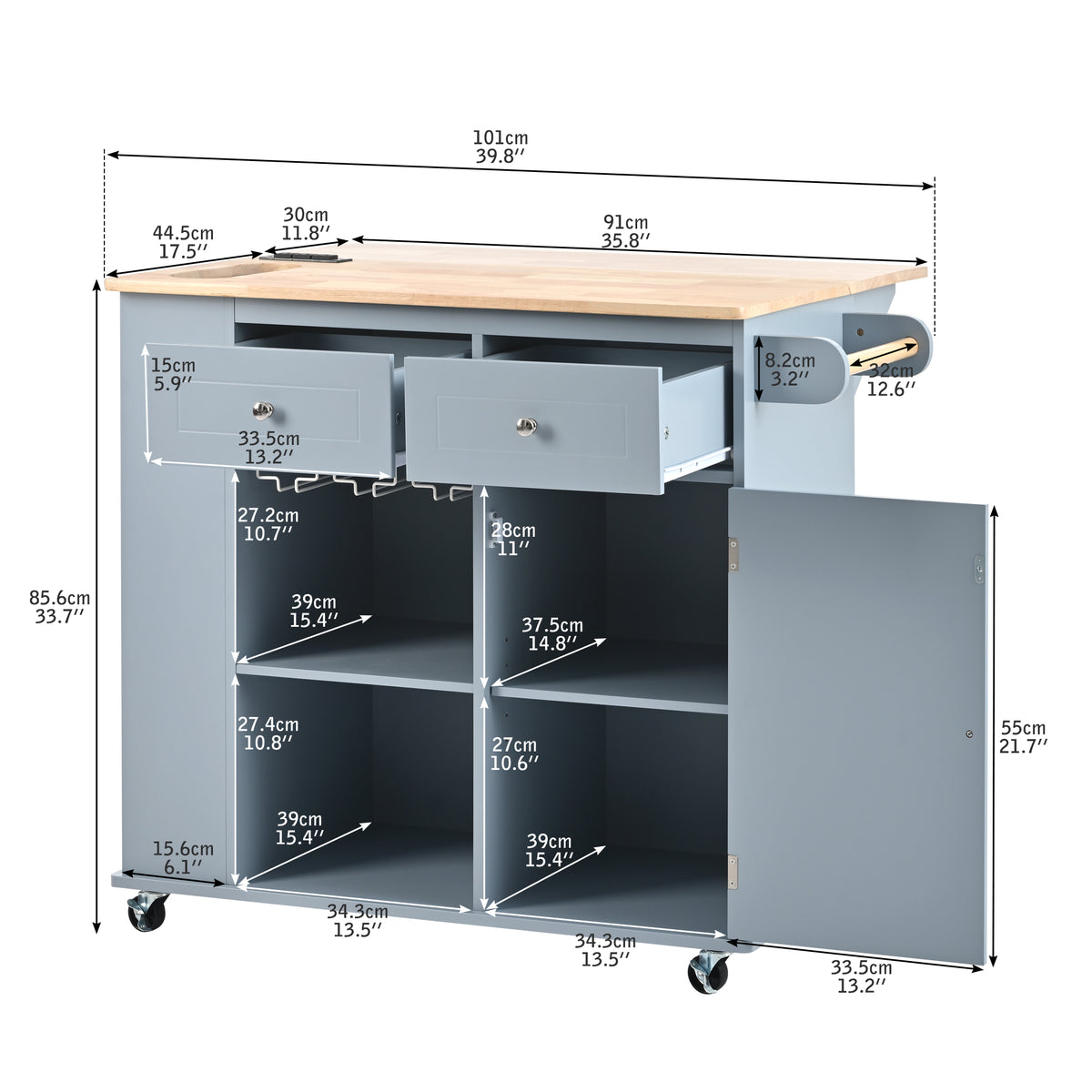 Kitchen Island with Power Outlet,Kitchen Storage Island with Drop Leaf and Rubber Wood,Open Storage and Wine Rack,5 Wheels,with Adjustable Storage for Home, Kitchen, and Dining Room, Grey Blue WF305556AAG-djyc